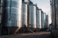a row of stainless steel grain silos