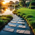 A row of stepping stones in the water at Royalty Free Stock Photo