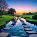 A row of stepping stones in the water at Royalty Free Stock Photo