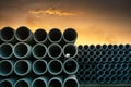 Row of Storage Sewage Drainage Concrete Pipeline, Manufacturing Plant of Material Construction, Stack of Culvert Pipe and Water