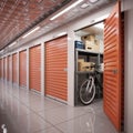 Row of storage units with orange doors, open unit reveals boxes, bicycle, tools, glossy floor Royalty Free Stock Photo