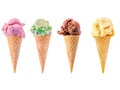 Row of Strawberry, Mint, Chocolate and Vanilla ice cream sugar cones Royalty Free Stock Photo