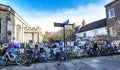 Student bicyles and theatre and music posters in Cambridge, Cambridgeshire, England