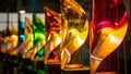 A row of stunning abstract light sculptures each powered by biodiesel and adding a vibrant and ecoconscious touch to an