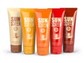 Row of sun screen cream, oil and lotion containers with different spf number. Sun protection and suntan cosmetics isolated on