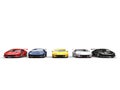 Row of super cars in various colors - front view Royalty Free Stock Photo