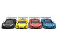 Row of supercars in red, yellow, blue and black