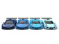 Row of supercars in shades of blue - front view