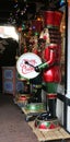 A row of tall toy soldiers, dressed in red and green uniforms, with top hats and a drum lend holiday cheer during Julefest, Solvan Royalty Free Stock Photo