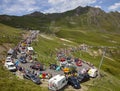 Row of Technical Vehicles on Col du Tourmalet - Tour de France 2018 Royalty Free Stock Photo