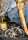 Row of terraced houses in Primrose Hill, London UK. Photographed on a cold, bright winter`s day with bicycles in foreground.