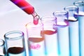 Row of test tubes and dropper with red solution Royalty Free Stock Photo