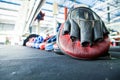 Row of thai Boxing Mitt Training Target Focus Punch Pad Glove on Royalty Free Stock Photo