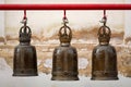 A row of three buddhism big bell in thai temple Royalty Free Stock Photo