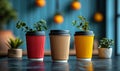 Three Coffee Cups on Table. Generative AI