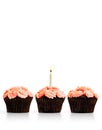 Row of three cupcakes with one lit candle on white Royalty Free Stock Photo