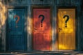 A row of three doors with question marks on them, suitable for use in puzzle or game-themed images Royalty Free Stock Photo