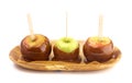 Three Hand Dipped Homemade Caramel Apples on a White Background