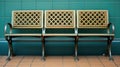 A row of three metal benches sitting on a tiled floor, AI Royalty Free Stock Photo
