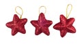 Row of three red stars Christmas decorations on white Royalty Free Stock Photo