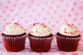 Row of three red velvet cupcakes Royalty Free Stock Photo