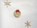 Row of three straw handmade christmas toys on white background. Copy space. Christmas concept Royalty Free Stock Photo