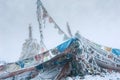 Tibetan Buddhist prayer flags on snow mountain pass Royalty Free Stock Photo