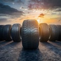Row of tires with largest in front, automotive industry photo Royalty Free Stock Photo