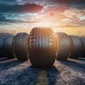 Row of tires with largest in front, automotive industry photo