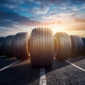 Row of tires with largest in front, automotive industry photo Royalty Free Stock Photo