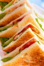 Row of toasted club sandwich with tomato, lettuce, egg and mayonaise