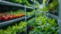 Row of tomatoes, lettuce, and strawberries growing in a greenhouse