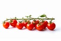 Row of tomatoes on vine with green leaves on white background. Generative AI Royalty Free Stock Photo