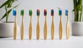 A row of toothbrushes with different colored bristles