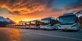 Row of tourist buses stands waiting for travelers against the backdrop of dawn , concept of Sightseeing transportation