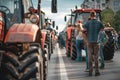 A row of tractors blocking the road due to protests Royalty Free Stock Photo