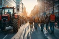 A row of tractors blocking the road due to protests Royalty Free Stock Photo