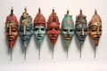 a row of traditional bauta masks in various colors