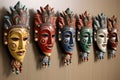 a row of traditional bauta masks in various colors