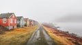 Row of traditional colorful houses near the sea in a Nordic country. Empty dirt road leading into the distance. Generative AI