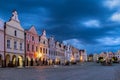 Row of traditional houses in the town of TelÃÂ, Czech Republic, at twilight. Royalty Free Stock Photo