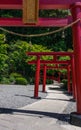 Row of traditional, red Torii and entrance path to japanese Jigoku Meguri Shinto Shrine between a green landscape. In Beppu, Oita