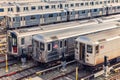 Row of trains in the Maintenance Shop at sunset. City and transportation concept. New York City. United States