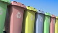 Row of trash containers for different kinds of recycled garbage. 3D rendering
