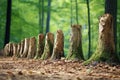 a row of tree trunks showing various stages of growth