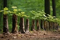 a row of tree trunks showing various stages of growth