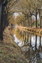 Row of trees along canal reflecting in the water surface Royalty Free Stock Photo