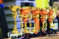 Row of trophies on a table, great for any achievement celebration or award display Royalty Free Stock Photo