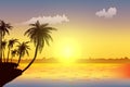 Row of tropic palm trees against sunset sky. Silhouette of tall palm trees. Tropic evening landscape. Gradient color. Vector illus Royalty Free Stock Photo