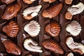 Row of variety chocolate pralines. Top view